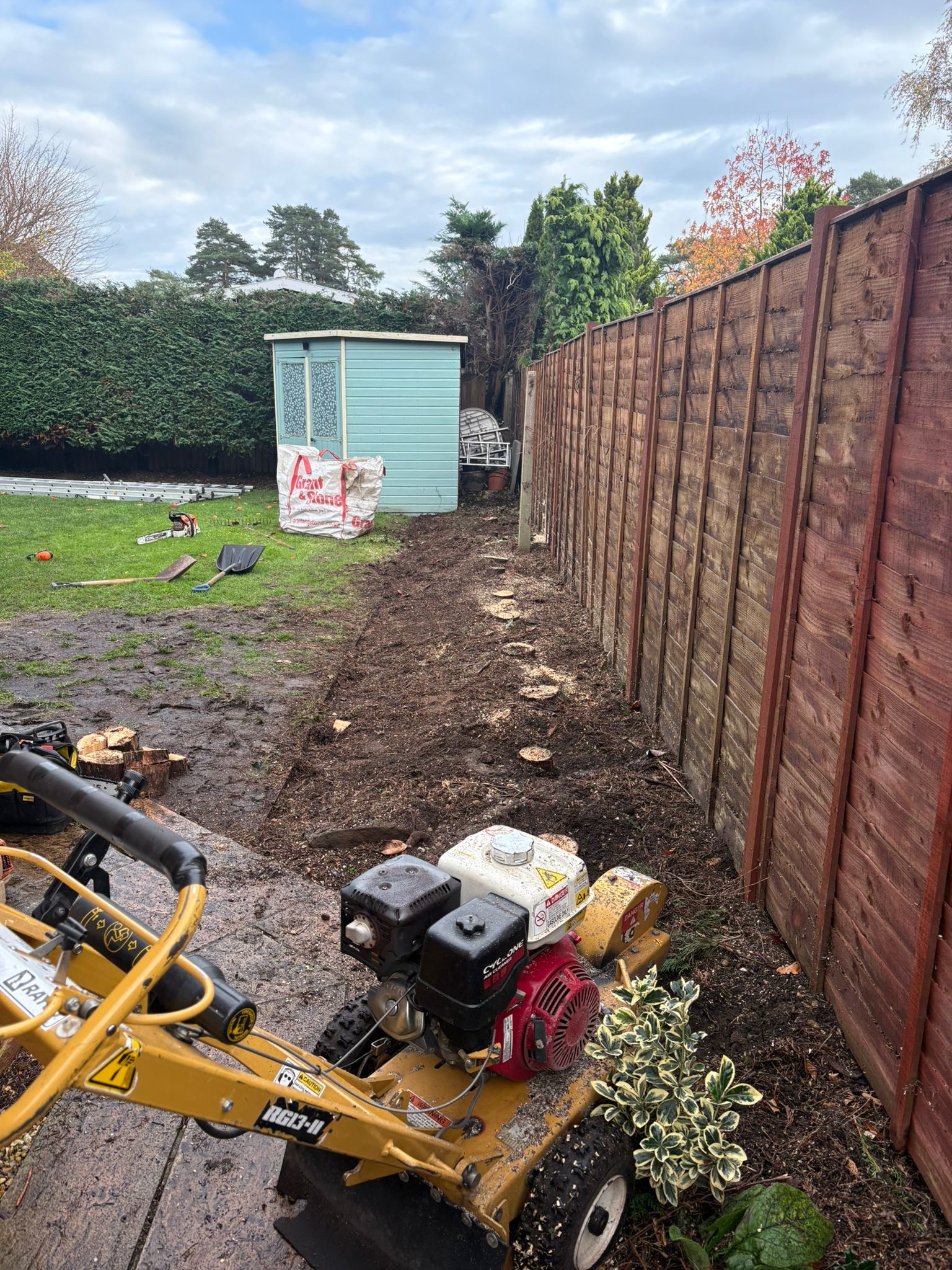 Stump grinder working beside a garden fence line